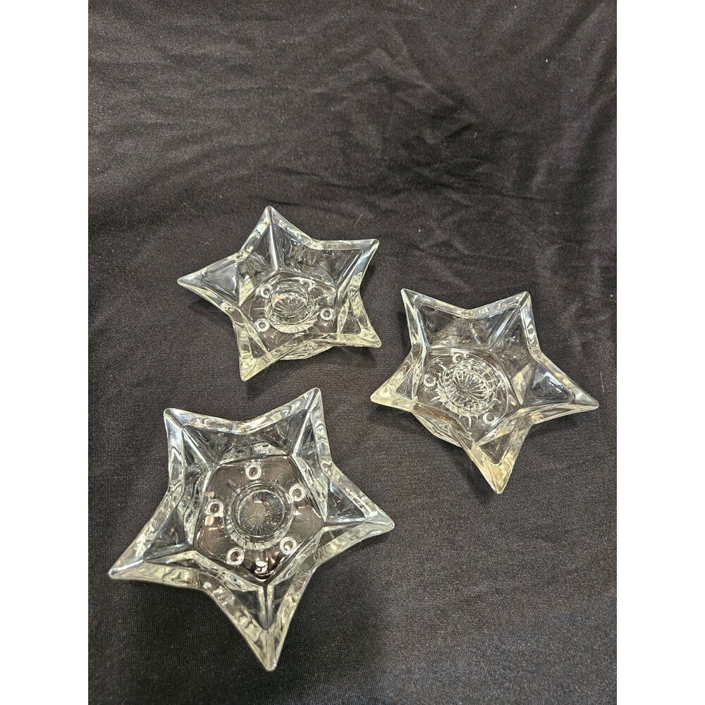 Vintage Trio of Hazel ATLAS 5 point Star Shaped Pressed Clear Glass Candlesticks